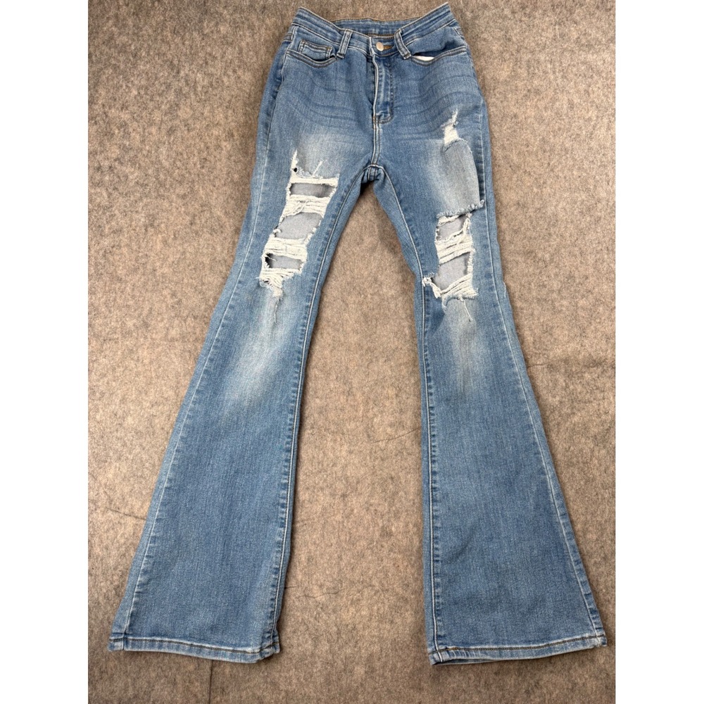SHEIN Flare Jeans Womens W26 L32 Blue Denim Distressed Ripped Boho Grunge Trendy